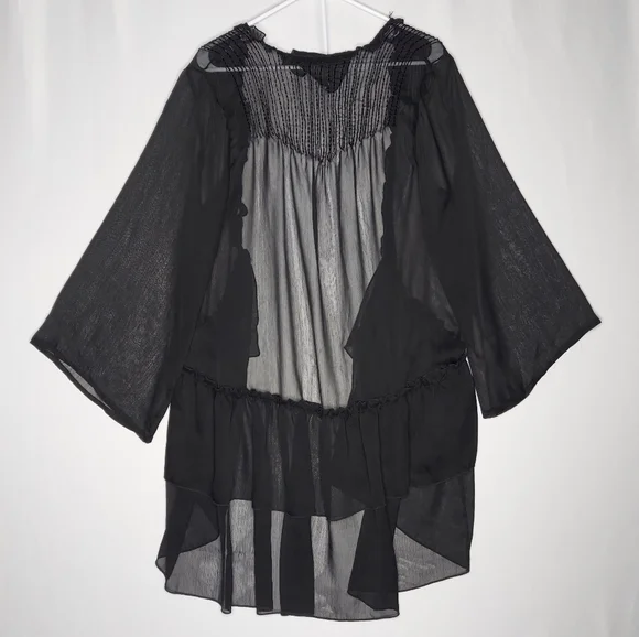 Mia Joy Joy Folie Sheer Duster Cardigan OSFM Black Beaded Ruffle Flared Witchy